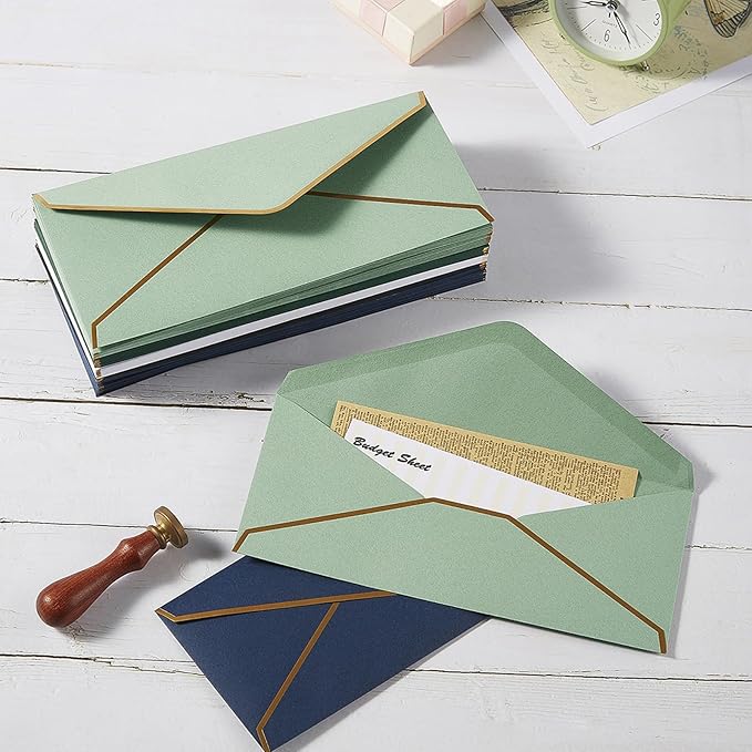 30 Pack Thick #10 Business Envelopes with Gold Border, 4 1/8 x 9 1/2 Thick Paper Standard Envelopes with Stickers for Office, Checks, Letter Mailing, Invoices (White)