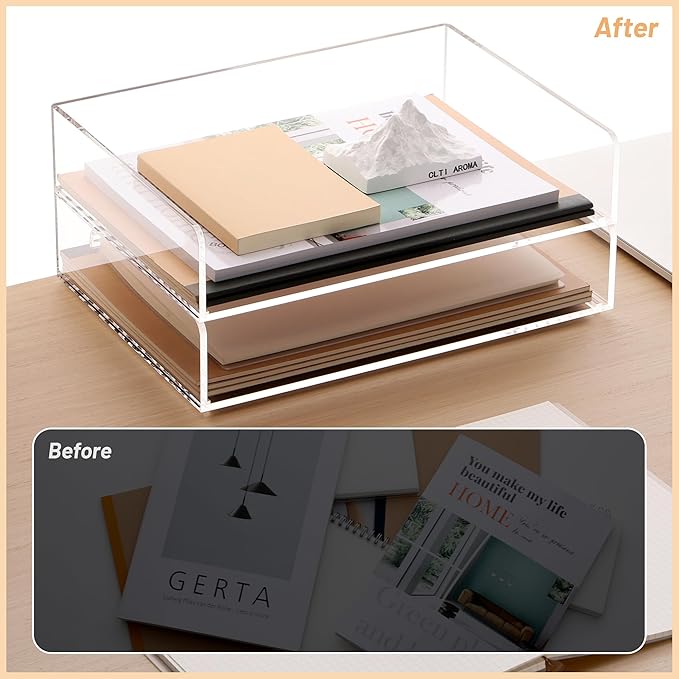 SANRUI Acrylic Paper Tray Organizer for Desk,Desk Organizers and Accessories,2 Pack Stackable Paper Organizer for Letter,Documents,Books,Magazines Crystal-Clear File Organizer