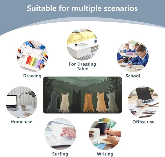 Mouse Pad Desk Mat Leather Desk Pad Large Gaming Desk Cover Protector Mat for Keyboard Computer Laptop Office Waterproof 35.4 x 16.5 Inch Cute Wolves Back and Green Mountain