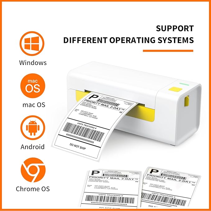 Bluetooth Thermal Shipping Label Printer for Small Business. Includes Paper Holder, 4x6 Labels, 2" Round Stickers, USB C, and E-Book.Compatible with Android, iOS, Windows, Mac.