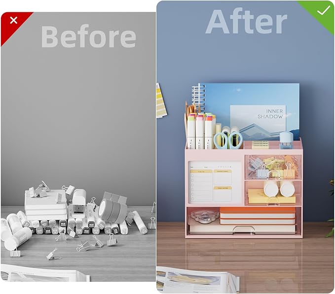 Marbrasse Desk Organizer with 3 Drawer, Multi-Functional Pencil Pen Holder for Desk, Desk Organizers and Accessories with 4 Compartments, Desktop Organizer Storage for Office Home Art Supplies (Pink)