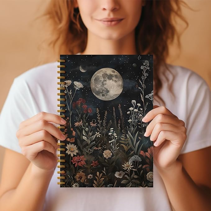 Moody Floral Moon Witchy Notebook, Dark Academia Cottagecore Flower Journal, Mystical Celestial Wildflower Botanical Journal, Vintage Witchy Hardcover Spiral Notebooks 5.5x8.3 Inch