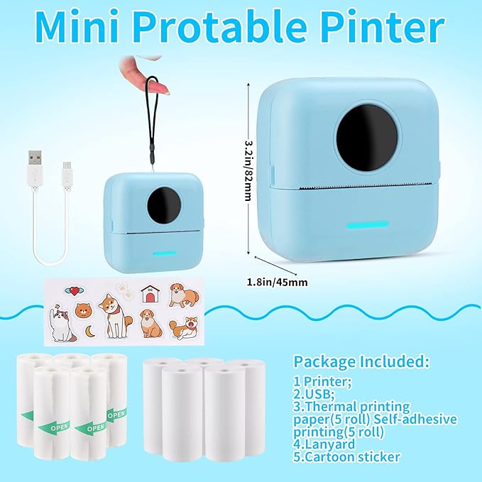 HuiJuKeJi Mini Sticker Printer Bluetooth Smart Pocket Inkless Thermal Printer with 11 Rolls Thermal Paper and Sticker for iOS&Android, Portable Receipt Printer for Photo Journal Notes Memo