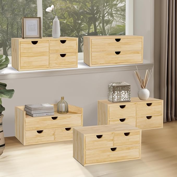 Bamboo Desk Organizer, 3 Drawer Desktop Organizer, Tabletop Storage Organization Box for Bills, Countertop, Home Office Supplies