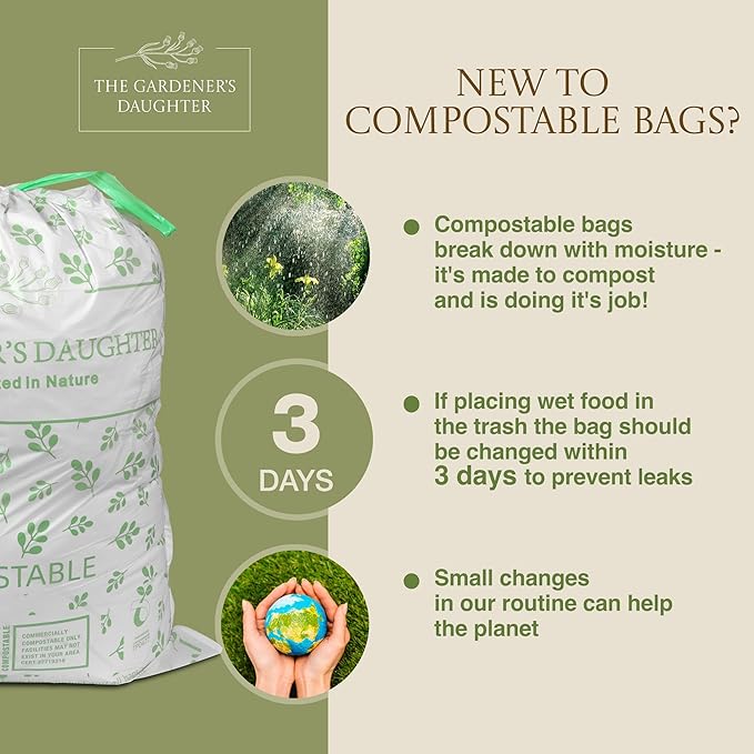 13 Gallon Compostable Trash Bags β Extra Strong, Drawstring Kitchen Bags (30 Count, White) | Leak-Proof, BPI & TUV Certified, Home Compostable β Evergreen by The Gardener's Daughter
