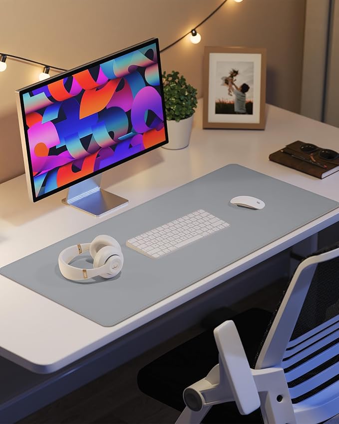 Non-Slip Desk Pad,Mouse Pad,Waterproof PVC Leather Desk Table Protector,Non-Slip PU Leather Desk Blotter, Easy Clean Laptop Desk Writing Mat for Office Work/Home/Decor(Light Grey, 24" x 13.7")