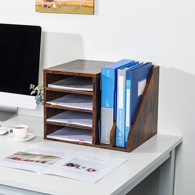 PAG Wood Desktop File Holder Organizer Mail Sorter for File Folders, Mails, Envelopes, Mailing Supplies or Magazines, Brown