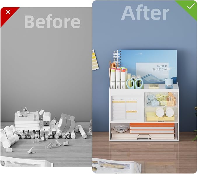 Marbrasse Desk Organizer with 3 Drawer, Multi-Functional Pencil Pen Holder for Desk, Desk Organizers and Accessories with 4 Compartments, Desktop Organizer Storage for Office Home Art Supplies (White)