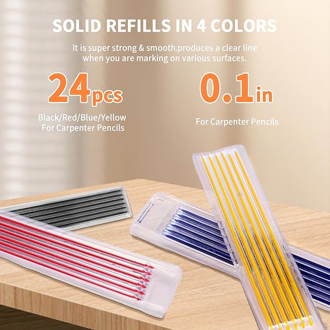 4 Pack Carpenter Pencil with Sharpener, Mechanical Pencils Set with 28 Refills, Construction Pencil Heavy Duty Woodworking Pencils (Red, Black, Yellow, Blue) Deep Hole Long Nib Marker Pens