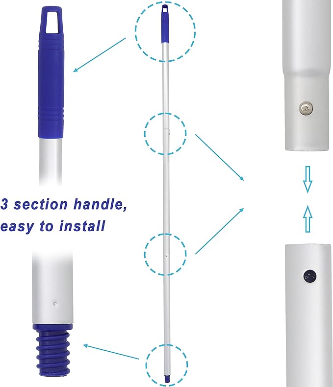 Mop, One Pole with Two Blue Microfiber Cloth Heads (1 Handle & 2 Mop Heads)