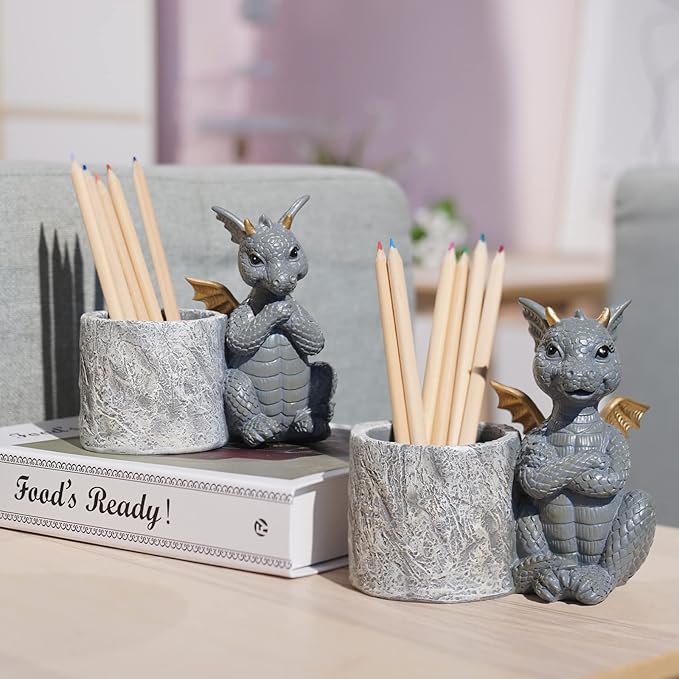 Guichifun Dragon Pen Holders Home Décor - Set of 2 Dragon Vase Decor Figurines Pen Holder for Desk Cute Fashion Desk Organizers and Accessories Office Idea Gift for Women and Kids 5 x 3 x 4.5 Inch