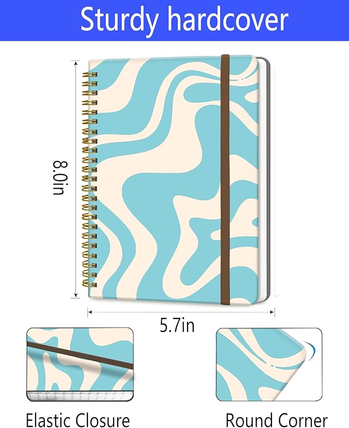 Spiral Journal Notebook, A5 Cute Notebooks for Women Men, College Ruled Hardcover Notebook for Work & Note Taking, 60 Pages Double-Wire Journals for Writing, Blue White Fluid Line