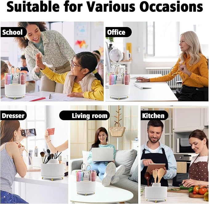 White Desk Accessories, Rotating Pen Holder Set,White Office Supplies with Stapler and Tape Dispenser Set, Gifts for Office Clerks,Student