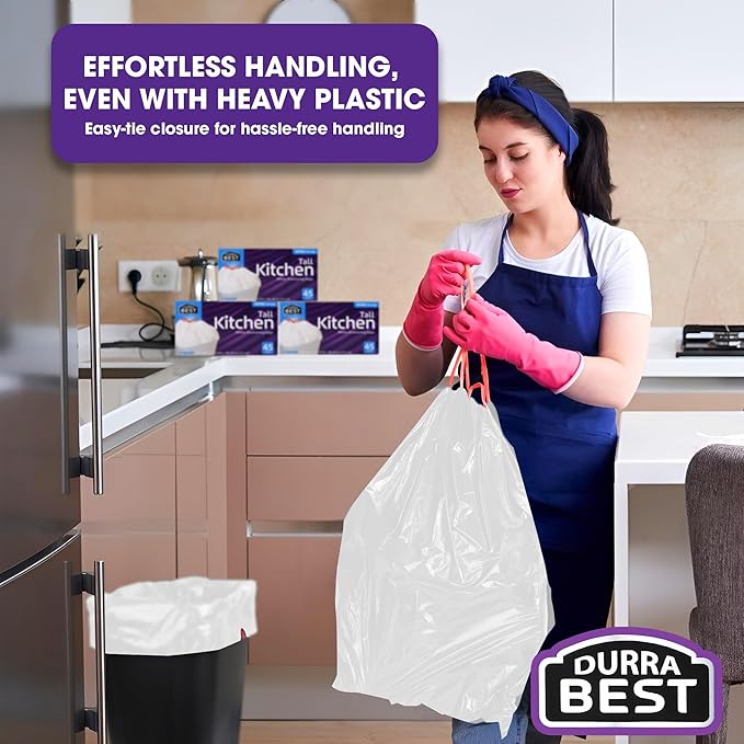 Heavy-Duty 1 Mil 13 Gallon White Trash Bags (180 Count) - Drawstring, Leak-Resistant for Home & Commercial Use