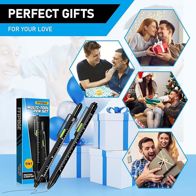 Christmas Stocking Stuffers for Men Adults, 2 Pack Multi-Tool Pen Set, 11 in 1 Multitool Pen with LED Light, Ruler, Level, Screwdriver, Stylus, Flathead, Gifts for Men Boyfriend, Husband, Him, Black