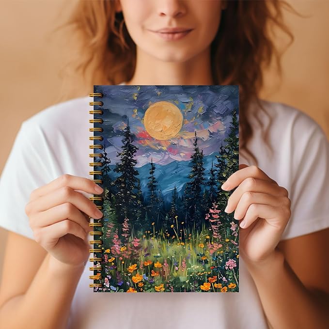 Moon Journal Notebook, Mystical Midnight Full Moon Wildflowers Floral Notebook Journal, Aesthetic Notebook, Journal Notebooks for Note Taking, Spiral Notebook 5.5x8.3 Inch