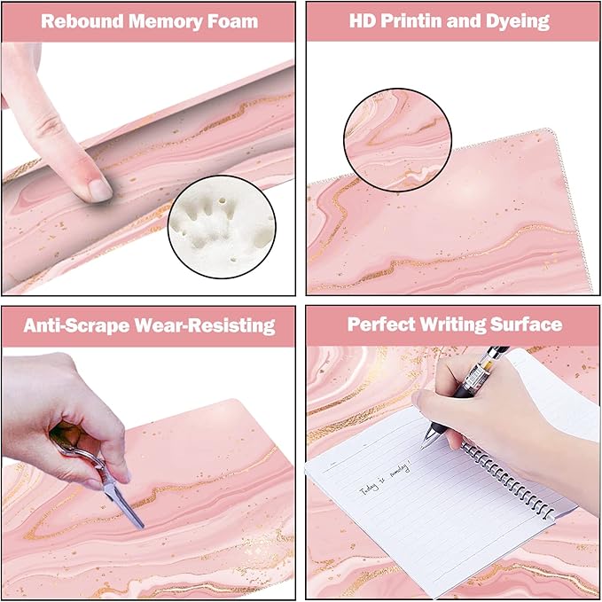 ARTSO Extended Gaming Mouse Pad Set, Keyboard Wrist Rest Support Pad + Wrist Cushion + XXL Large Mouse Pad + Coaster, Stitched Edge, Non-Slip, Memory Foam Desk Mat, Pink Gold Marble