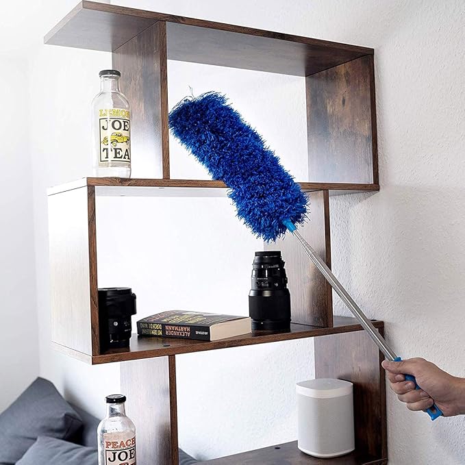 HEOATH Microfiber Feather Duster with Extendable Pole, 100 inches Extra Long Cobweb Duster for Cleaning, Bendable Head, Non-Scratch, Washable Duster for Ceiling, Fan, Furniture Blue