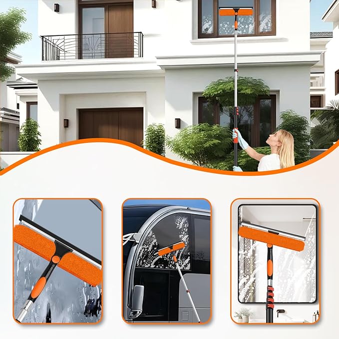 Jhkopqe 26FT Telescoping Window Cleaning Kit with 14" Squeegee - 2-in-1 Professional Window Scrubber & Extension Pole - Extra Long High-Reach Glass Cleaner Tool for Indoor & Outdoor High Windows, RV