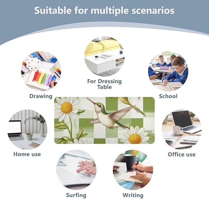 Mouse Pad Desk Mat Leather Desk Pad Large Gaming Desk Cover Protector Mat for Keyboard Computer Laptop Office Waterproof 47.2 x 23.6 Inch Checkered Green and White Hummingbirds Daisy