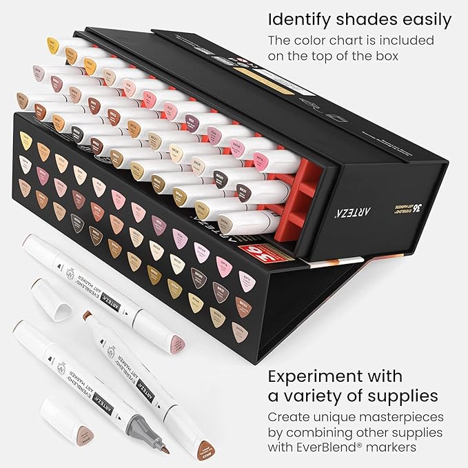 ARTEZA Alcohol Markers – Set of 36 Portrait & Skin Tone EverBlend Dual Tip Markers with Fine and Chisel Nibs and Organizer Box for Drawing