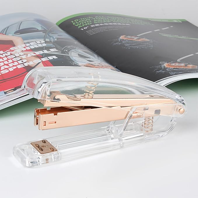 Staplers for Desk, Acrylic Stapler for Office School, Clear Durable Office Stapler (Rose Gold)