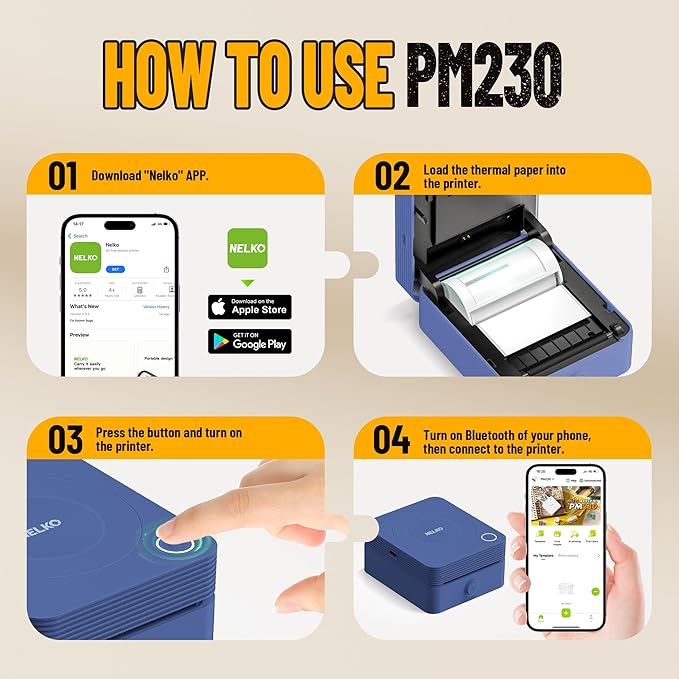 Nelko Sticker Printer, PM230 Print Pod Mini Bluetooth Portabel Sticker Maker with 3 Rolls Paper, Print Pods Mini Printer with Multiple Templates for Phone & Tablet,for School Office Home, Blue