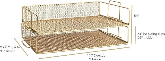 BLU MONACO Gold Mesh Paper Tray – Set of 2 Stackable Letter Trays – Durable Metal Desk Organizer for Home, Office & School – Stylish Document Holder, File Storage, and Workspace Organizer
