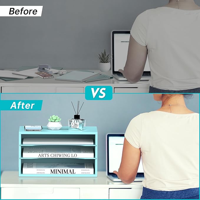 SUPEASY Wood Desk Organizer, 3 Tier Paper File Organizer for Desk, Wooden Desktop Organizer, Paper Letter Literature Mail Sorter, for Office School & Home Organization, Blue