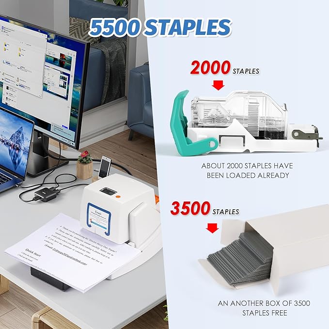 Upgraded Electric Stapler, 65 Sheets Capacity, Binding Speed & Margin Adjustable, Automatic Heavy Duty Stapler Including 5500 Staples, Jam-Free