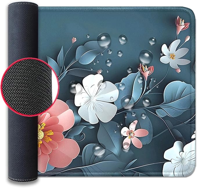 Blue Art Flowers Mouse Pad,Extended Abstract Floral Mousepad Desk Pad with Stitched Edges,Non-Slip Waterproof Rubber Base Mouse Mat for Office Computer Keyboard Laptop Home(27.5x11.8 in)
