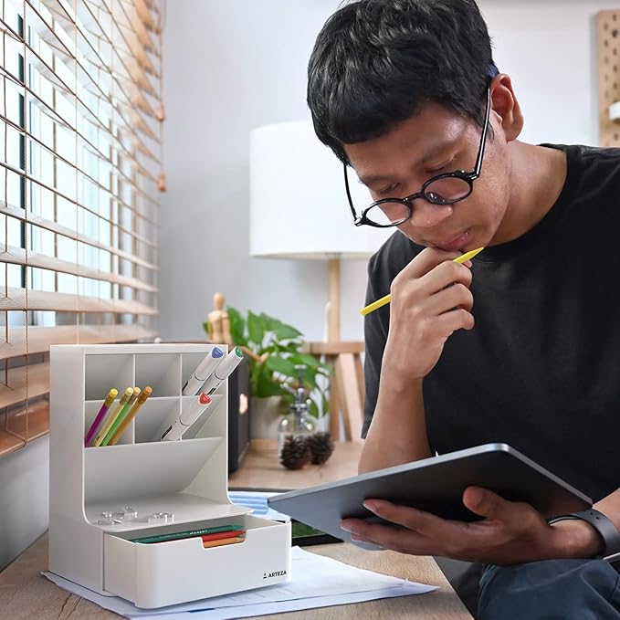 ARTEZA Desktop Pen and Marker Organizer, 6-Compartment White Pen Holder for Desk with Stationery Drawer, Makeup Organizer