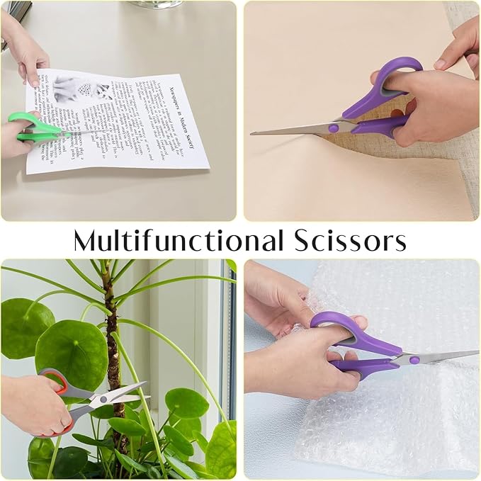 EKKEDO 6 Pack All Purpose Scissors, 8.3" Stainless Steel Scissor With Ergonomic Soft-Grip Handles, Sharp Blades Scissors for Office, School, Kitchen, Crafts, Sewing, Left and Right Hand Use (6 Colors)