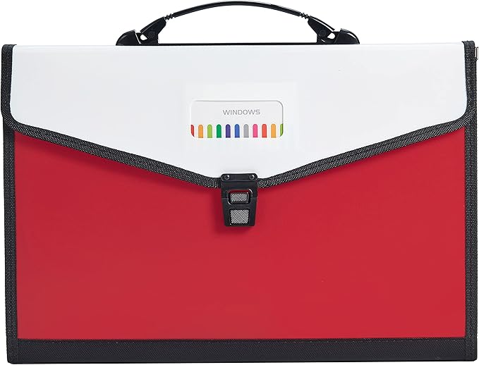 Legal Size 13-Pockets Expanding File Folder with Handle, Plastic Accordion Filling File Folder Expandable Monthly Portable Paper Document Organizer for Office School & Home (Red)