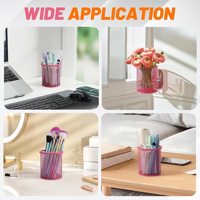 Segarty Pen Cup, 3 Pack Cute Dark Pink Pen Holder, Round Mesh Pencil Holder for Desk, Desktop Accessories Organizer for Office Supply, School, Home Storage, Makeup Brush Organization