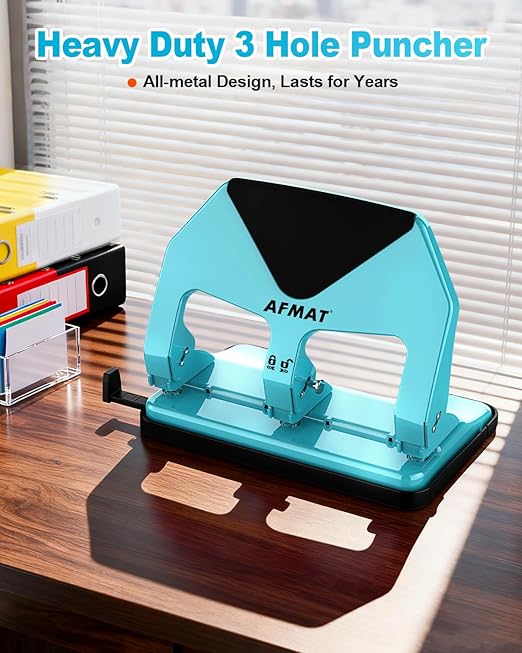 AFMAT HP20 Heavy Duty 3 Hole Punch, 60% Reduced Effort, 50-Sheet 3 Hole Puncher for Binder, 10,000+ Uses, Metal Three Hole Punch for Home Office School, w/Large Chip Tray, Paper Guide