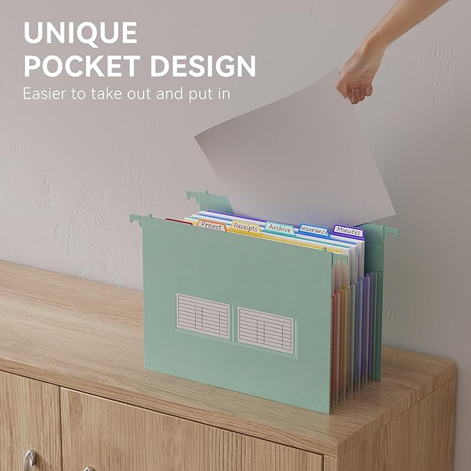 ThinkTex Plastic Expanding Hanging File Folders, 7 Innovative 1.2" Accordion Pockets, Large Capacity, Multi-Color Tabs, Letter Size for Filing Cabinet - Green