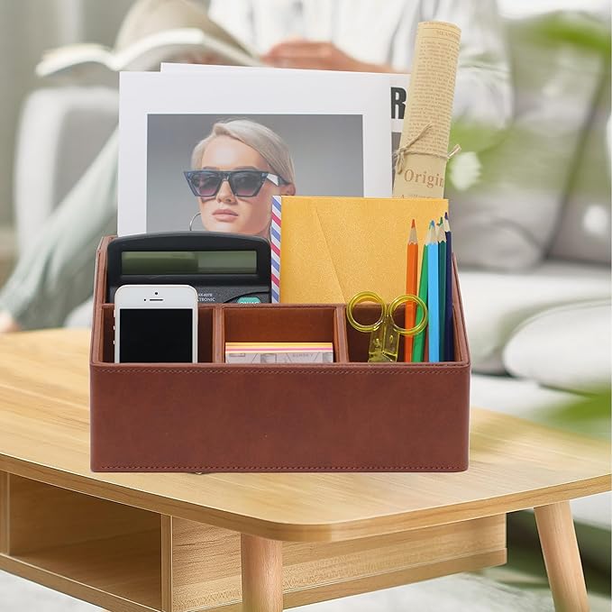 Desk Organizer, Mail Organizer Countertop, Bills Organizer, Mail Sorters, Magazine Holder, Desk Organizer and Accessories for Office Supplies, Brown Leather
