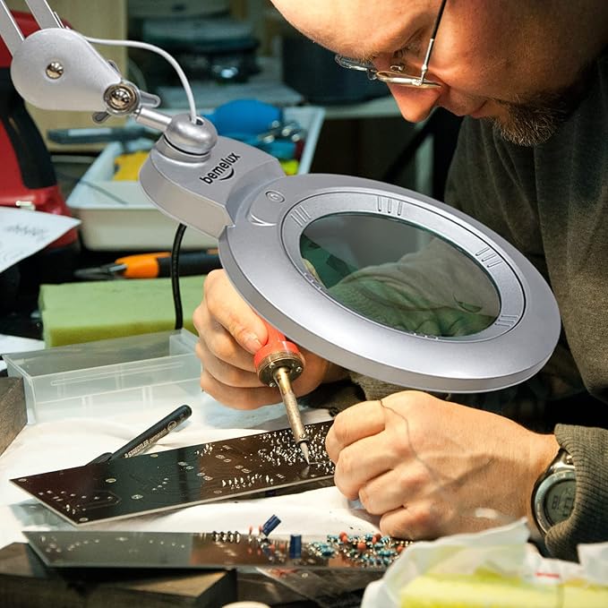 Bifocals Magnifying Desk Lamp with Clamp, 5 Diopter with 20 Diopter, 6 Inch Detachable Lens and 120PCS LEDs, 3 Color Modes 1200 Lumens Swivel Arm Magnifying Lamp with Light for Crafts (Silver)