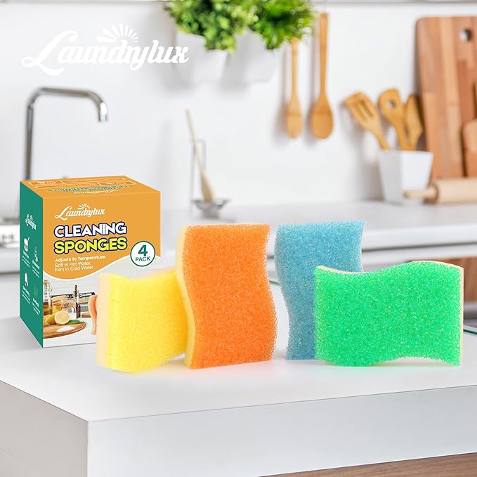 LAUNDRYLUX Scrub Sponge, 8 Pack Dual-Sided Temperature-Responsive Scrubber - Non-Scratch - Multipurpose Dish Sponges for Kitchens, Bathrooms, and Outdoor Use - S Shape