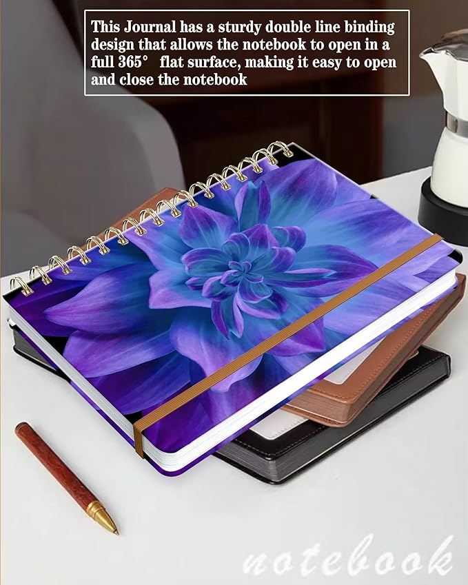 Spiral Journal Notebook for Women, Hardcover A5 College Ruled Notebook, 120 Pages, Thick Paper, Cute Lined Journal for School, Office & Work, 6 x 8.4 in(Purple Blue Dahlia Flower)