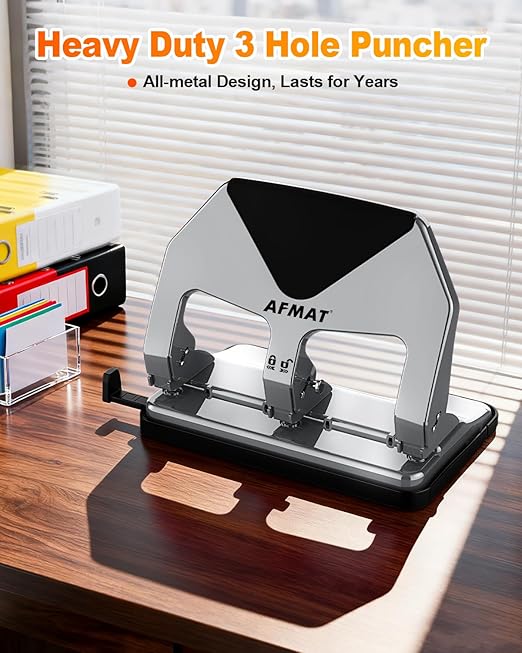 AFMAT HP20 Heavy Duty 3 Hole Punch, 60% Reduced Effort, 50-Sheet 3 Hole Puncher for Binder, 10,000+ Uses, Metal Three Hole Punch for Home Office School, w/Large Chip Tray, Paper Guide