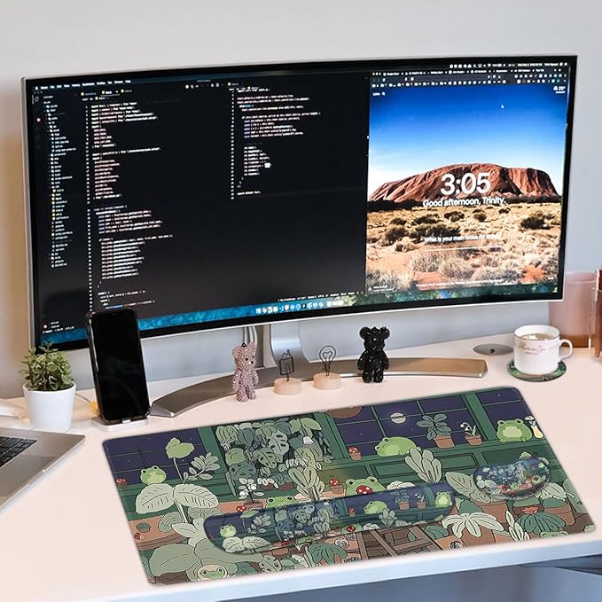 Large Mouse Pad Set, Cute Extended Mouse Pad+Keyboard Wrist Rest Support Desk Pad Memory Foam Ergonomic Easy Typing, 35.4×15.7 in Desk Mat Set for Home Office Study Game - Frog