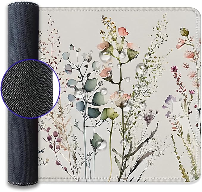 Watercolor Plant Flowers Desk Pad Mouse Pad,Floral Prints Extended Large Gaming Mouse Mat with Stitched Edges,Non-Slip Waterproof Rubber Base Mousepad for Office Work Home(27.5X11.8 in)
