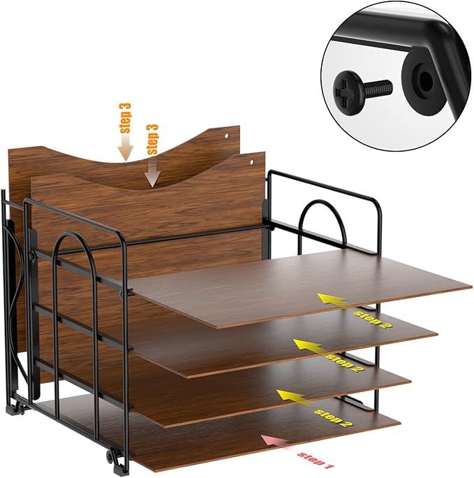 Desk File Organizer, 4-Tier Desk Organizers Wood with 5 A4 File Folders, Letter Size Office Organization, Letter Paper Tray Organizer for Office, School, Home, Black