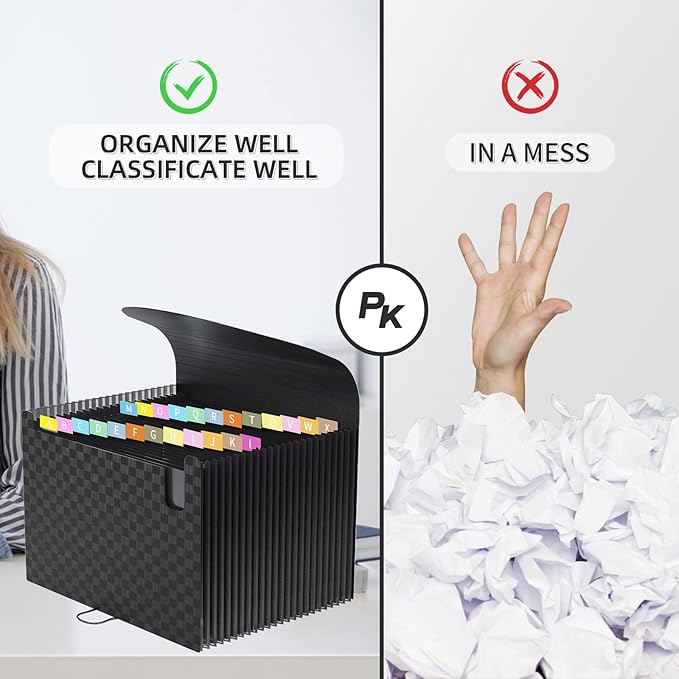 24 Pockets Accordion File Organizer,Document Organizer,Expanding File Folder Letter Size,Expandable Filing Box,Special Designed for Portable Use,Accordian Folders,Plastic (Grid Black)