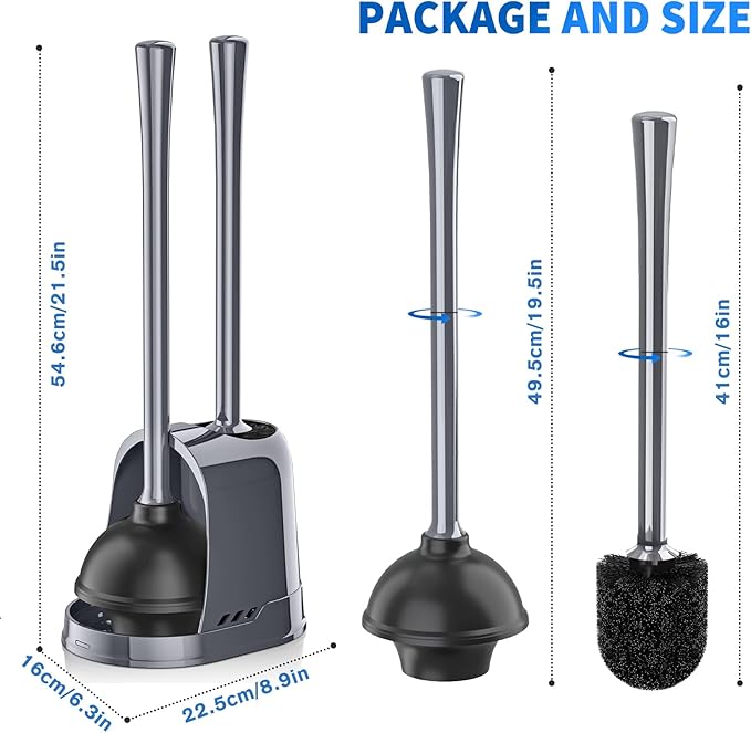 Toilet Plunger and Brush, Silicone Bowl Brush and Heavy Duty Toilet Plunger Set with Ventilated Holder, 2-in-1 Toilet Brush and Plunger Combo for 5.3-inch Bathroom Cleaning (Gray, 1 Set)