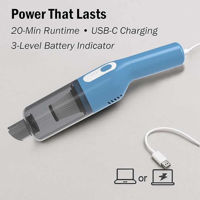 catsMeow Handheld Cordless Portable Car Vacuum Cleaner, 16000Pa High Power Rechargeable Hand Held Mini Vacuum with Multi-Nozzles for Car, Home, Office /V068 Blue and White