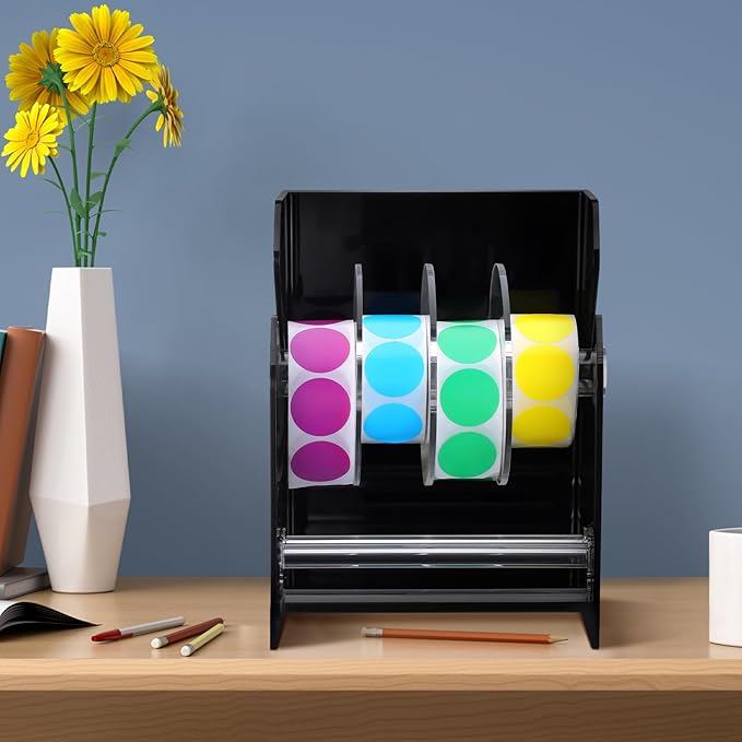 Geosar Adjustable Label Dispenser 4 Disks Sticker Roll Holder Sticker Dispenser Black Label Roll Holder Acrylic Sticker Holder Organizer Desk Tape Dispenser Label Stand for Office Home Desktop