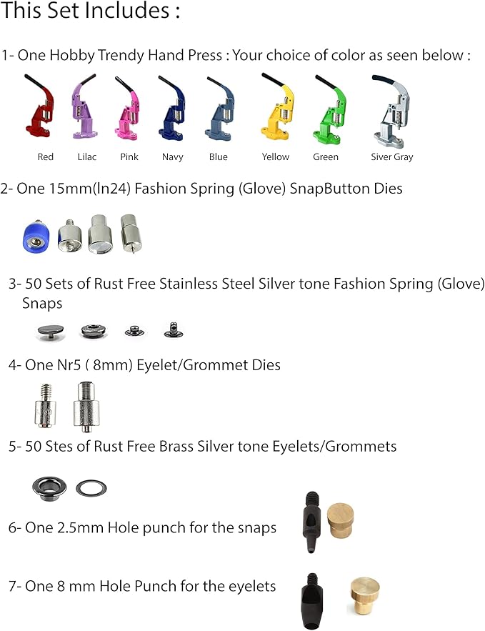 Hobby Trendy Hand Press with Rust Free Steel 50 Sets Ln24 15mm Fashion Spring Glove Snaps and 50 Sets Brass 8 mm (Nr5) Eyelets, Matching Dies and Hole Punches (Black Supplies, RED Press)